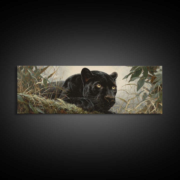 Dramatic Black Panther Emerging from Deep Jungle Canvas Print, Animal Art, Printable Art, Living Room Decor, Watercolor Art, ANI-3x1-94