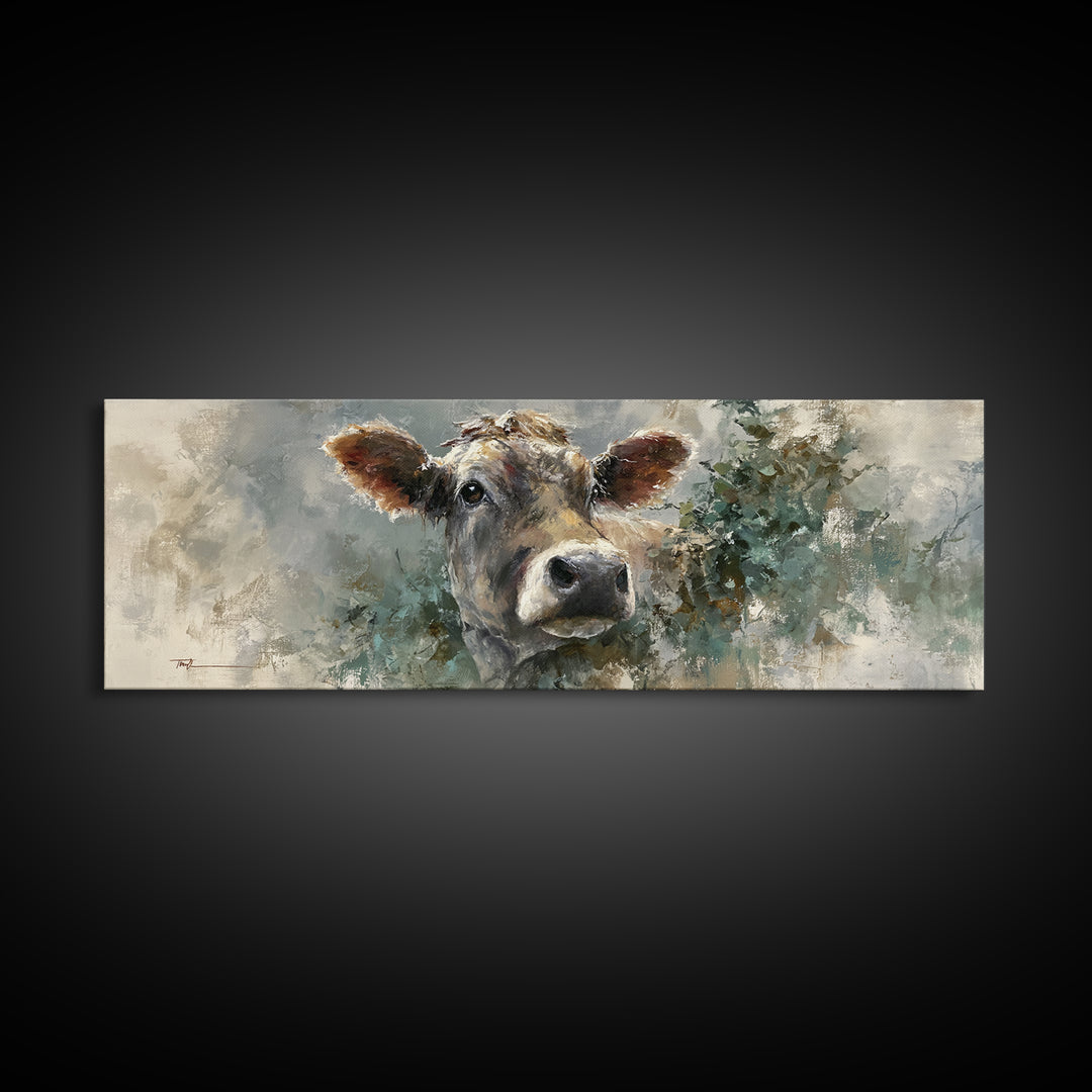 Gentle Cow Portrait Canvas Print, Animal Art, Textured Painting, Living Room Decor, Fine Art, Creature, Printable Wall Art, ANI-3x1-95