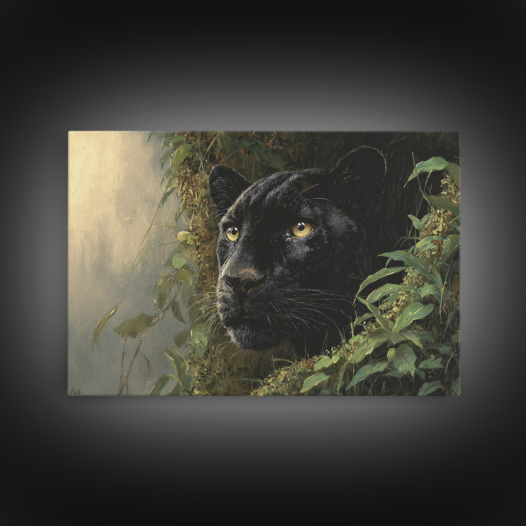 Dramatic Black Panther Emerging from Deep Jungle Canvas Print, Animal Art, Digital Wall Art, Living Room Decor, Creature, ANI-3x2-10