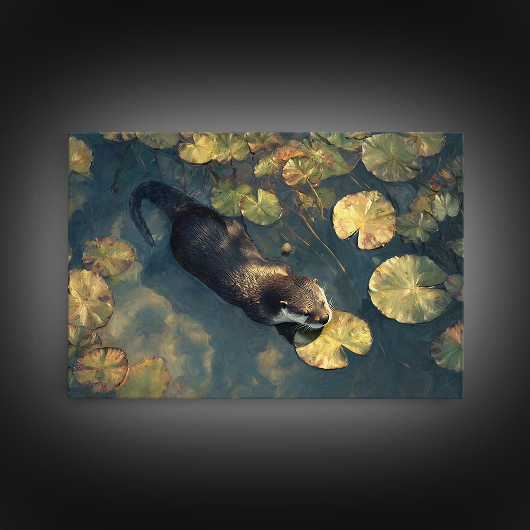 Playful Otter Floating Among Lily Pads Canvas Print, Animal Art, Nursery Decor, Living Room Decor, Fine Art, Creature, ANI-3x2-12