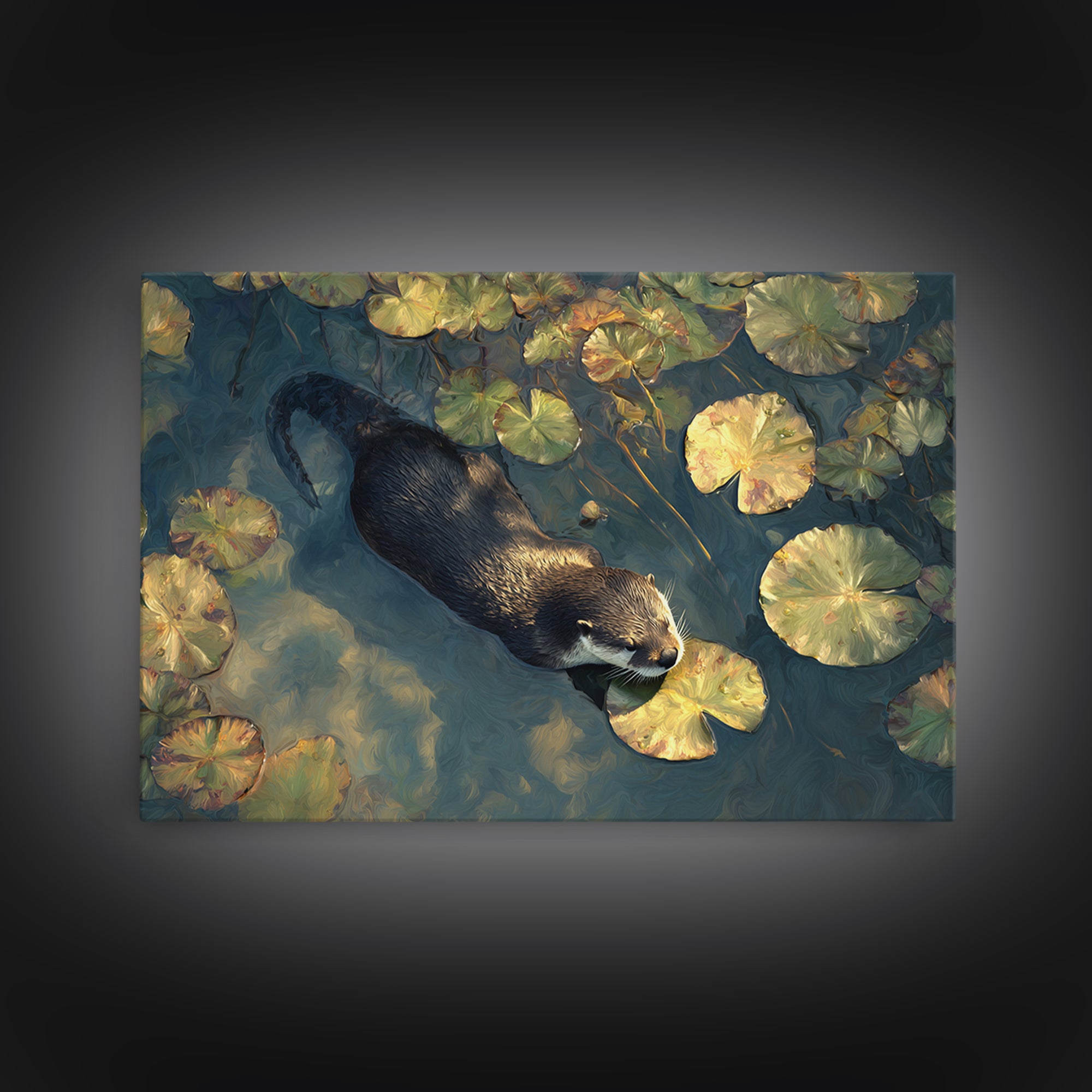 Playful Otter Floating Among Lily Pads Canvas Print, Animal Art, Nursery Decor, Living Room Decor, Fine Art, Creature, ANI-3x2-12