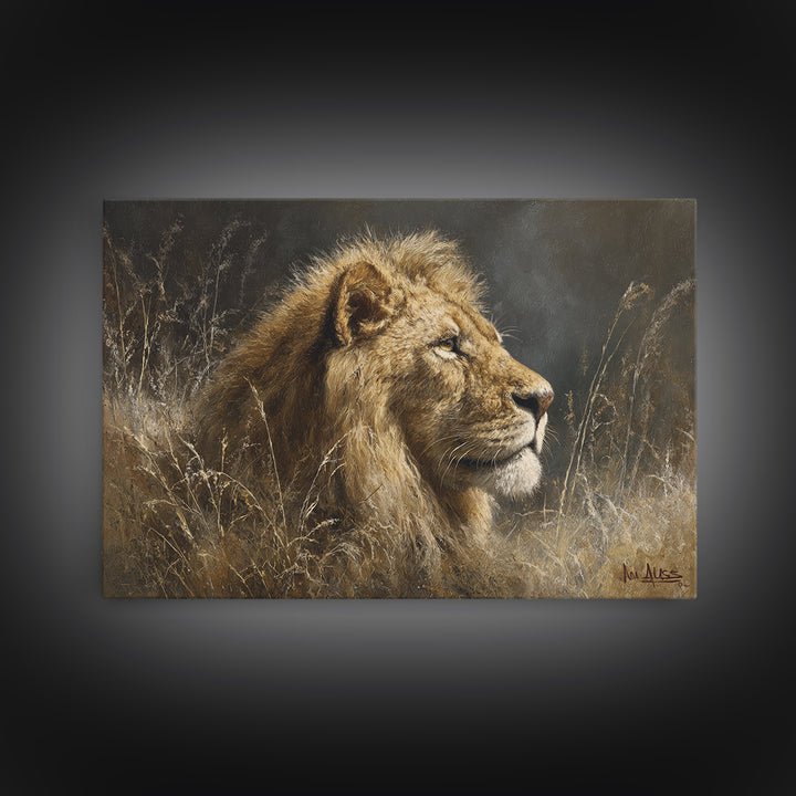 Regal Lion Profile Framed Canvas Print, Animal Art, Nursery Wall Art, Living Room Decor, Watercolor Art, Creature, ANI-3x2-13