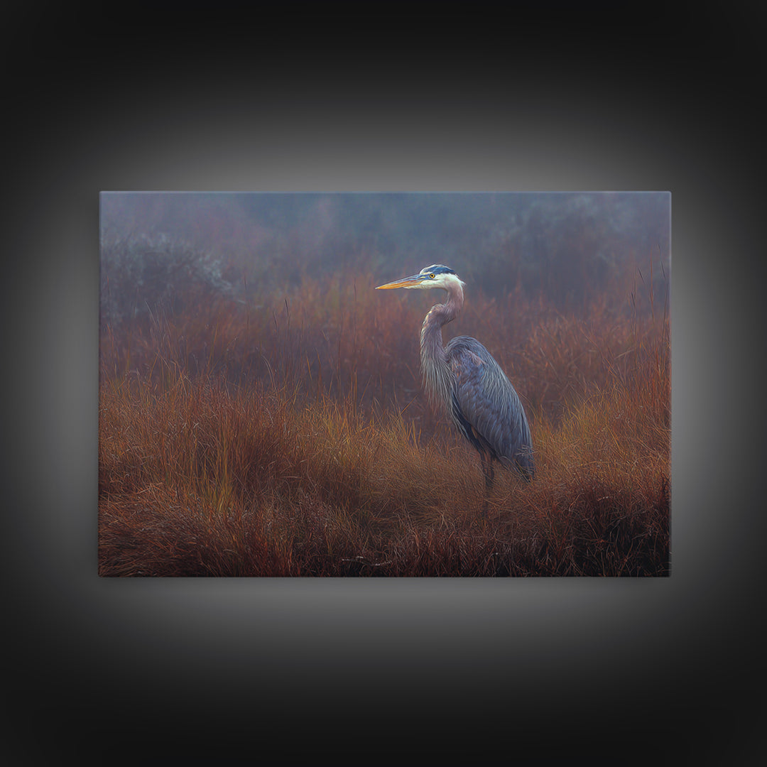 Blue Heron Standing Framed Canvas Print, Animal Art, Printable Wall Art, Living Room Decor, Fine Art, Creature, Boho Wall Art, ANI-3x2-15
