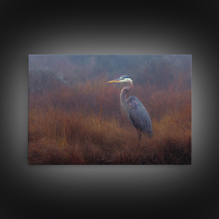 Blue Heron Standing Framed Canvas Print, Animal Art, Printable Wall Art, Living Room Decor, Fine Art, Creature, Boho Wall Art, ANI-3x2-15