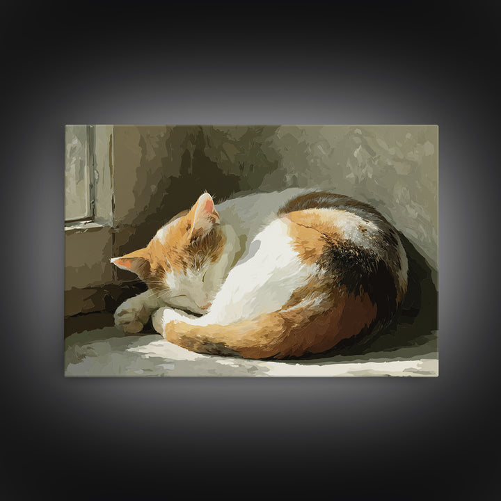 Sleeping Cat Curled Canvas Print, Animal Art, Art Deco, Living Room Decor, Watercolor Art, Creature, Cat Art, ANI-3x2-16