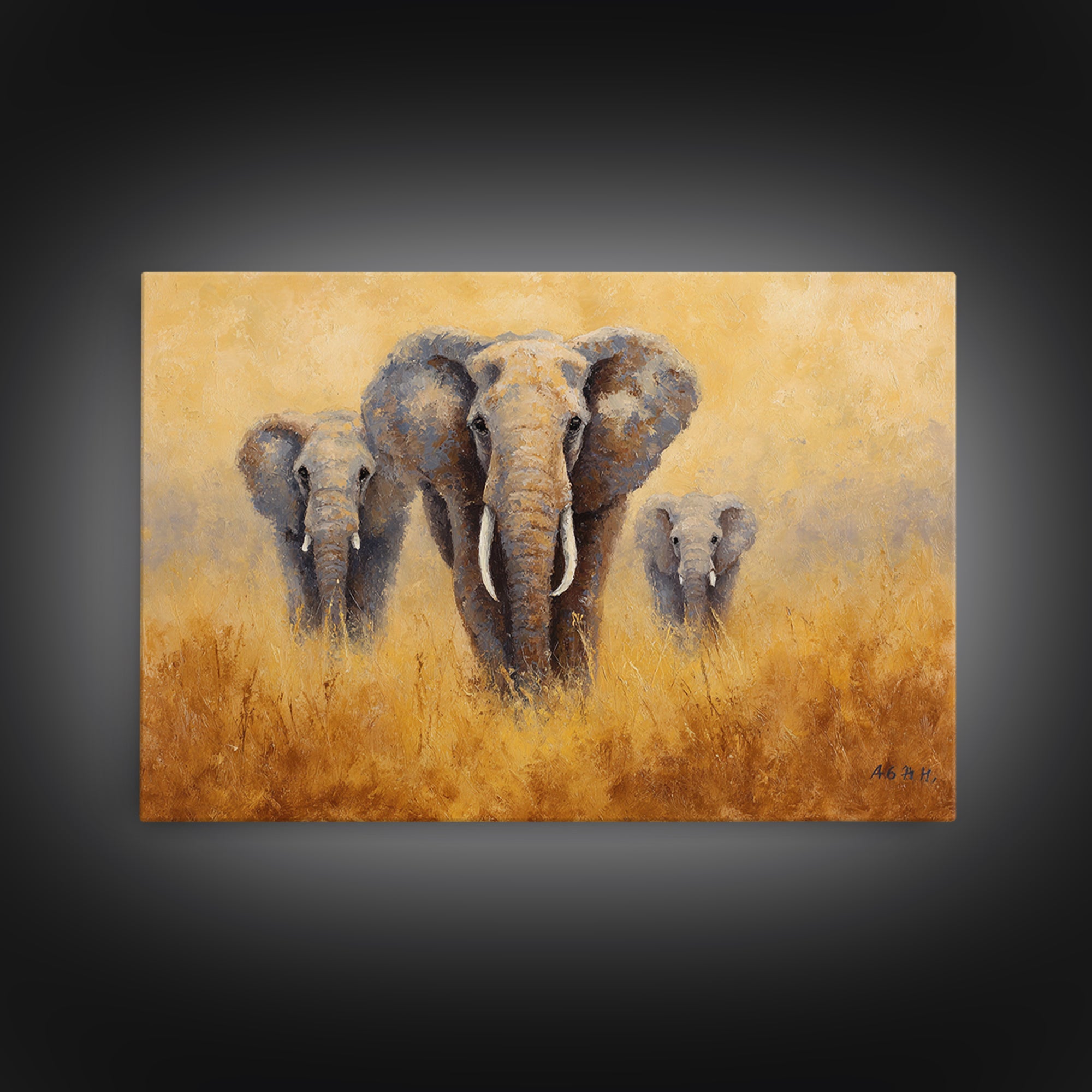Elephant Family Walking Through Dusty Golden Light Framed Canvas Print, Animal Art, Printable, Living Room Decor, Creature, ANI-3x2-18