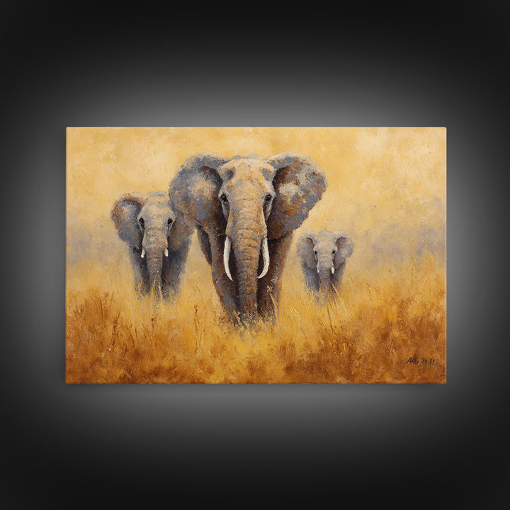 Elephant Family Walking Through Dusty Golden Light Framed Canvas Print, Animal Art, Printable, Living Room Decor, Creature, ANI-3x2-18