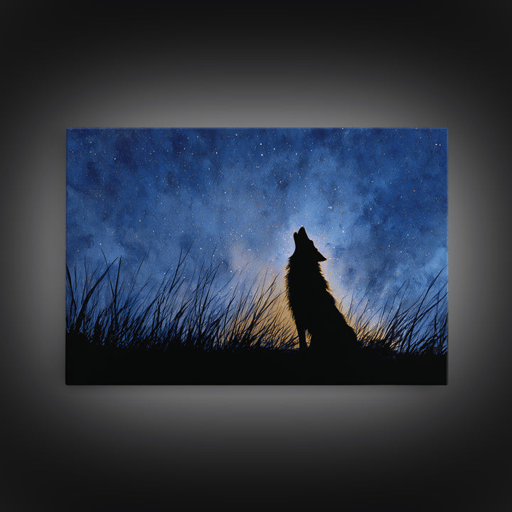 Wolf Silhouette Beneath a Star Filled Sky Framed Canvas Print, Animal Art, Decor, Living Room Decor, Fine Art, Creature, ANI-3x2-2