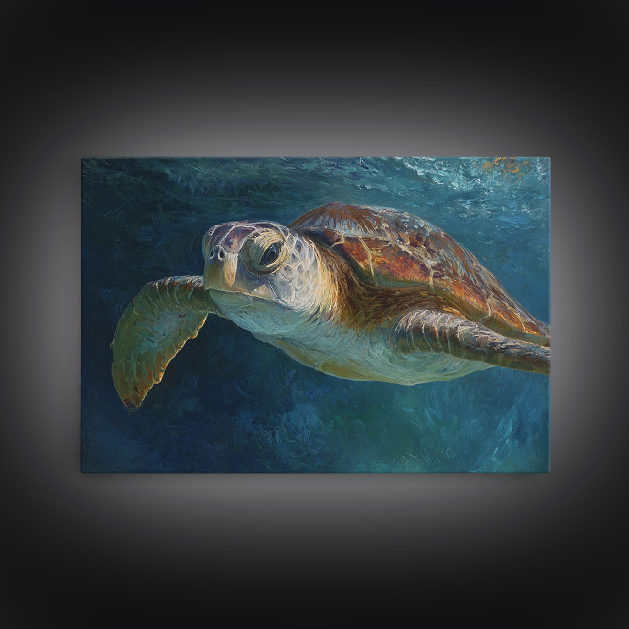 Sea Turtle Drifting Through Luminous Blue Water Canvas Print, Animal Art, Living Room Decor, Oil Painting, Creature, ANI-3x2-22