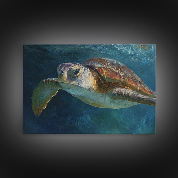Sea Turtle Drifting Through Luminous Blue Water Canvas Print, Animal Art, Living Room Decor, Oil Painting, Creature, ANI-3x2-22