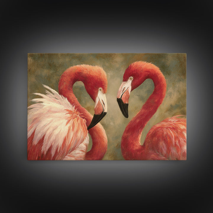 Flamingo Pair in Elegant Coral and Cream Framed Canvas Print, Animal Art, Digital Print, Living Room Decor, Fine Art, Creature, ANI-3x2-23