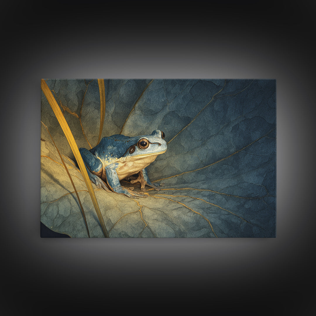 Frog on a Lotus Leaf Framed Canvas Print, Animal Art, Nursery Wall Art, Living Room Decor, Fine Art, Creature, Trendy Wall Art, ANI-3x2-24