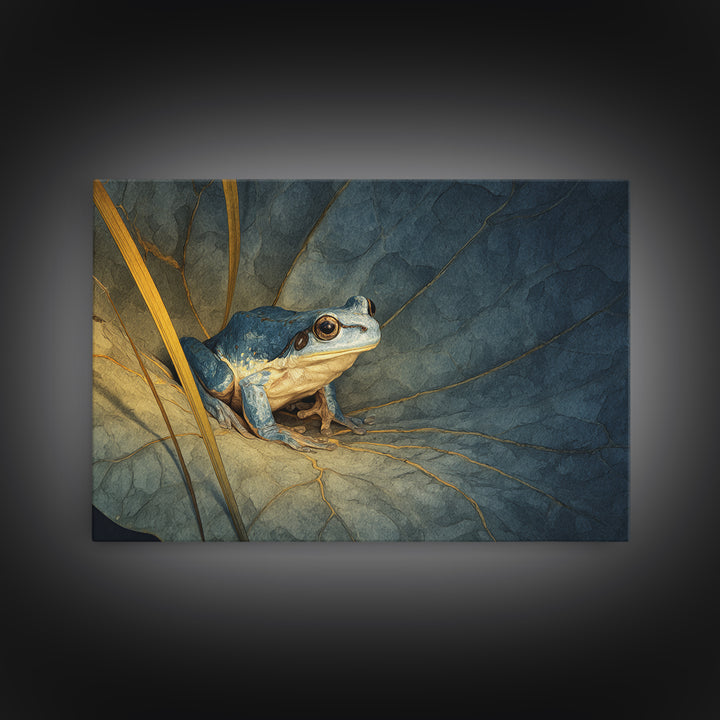 Frog on a Lotus Leaf Framed Canvas Print, Animal Art, Nursery Wall Art, Living Room Decor, Fine Art, Creature, Trendy Wall Art, ANI-3x2-24