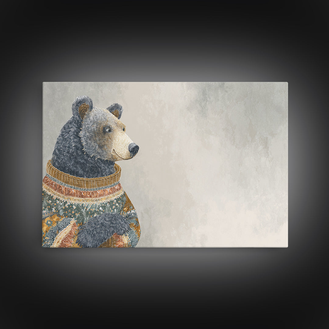 Whimsical Bear in a Patterned Sweater with Canvas Print, Animal Art, Digital Print, Living Room Decor, Fine Art, Creature, ANI-3x2-30