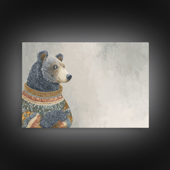 Whimsical Bear in a Patterned Sweater with Canvas Print, Animal Art, Digital Print, Living Room Decor, Fine Art, Creature, ANI-3x2-30