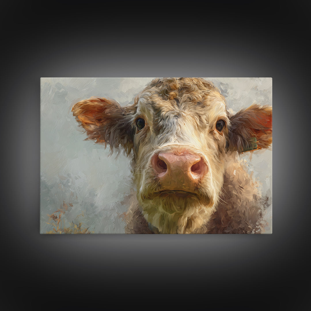 Gentle Cow Portrait Framed Canvas Print, Animal Art, Safari Nursery Decor, Living Room Decor, Oil Painting, Creature, ANI-3x2-35