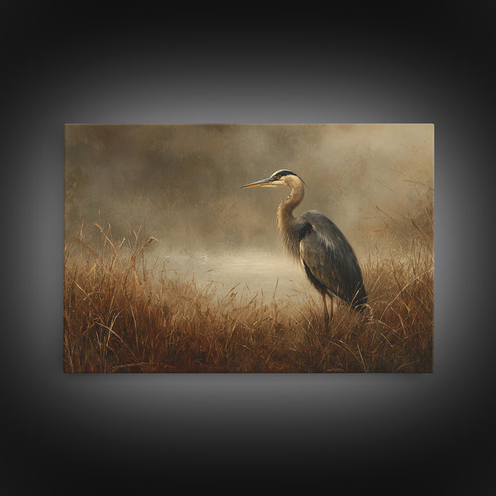 Blue Heron Standing Framed Canvas Print, Animal Art, Neutral Decor, Living Room Decor, Fine Art, Creature, Wall Art, Home Decor, ANI-3x2-39