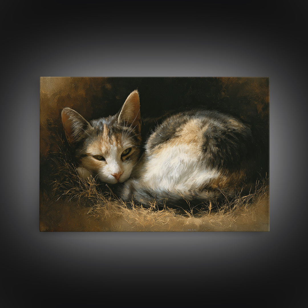 Sleeping Cat Curled Framed Canvas Print, Animal Art, Farmhouse Decor, Living Room Decor, Oil Painting, Creature, Neutral Decor, ANI-3x2-40