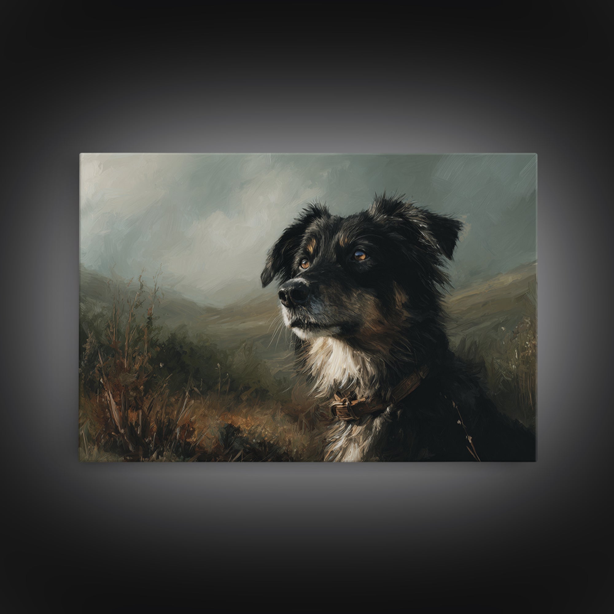 Dog Portrait with Painterly Collar and Loyal Framed Canvas Print, Animal Art, Boho Wall Art, Living Room Decor, Creature, ANI-3x2-41