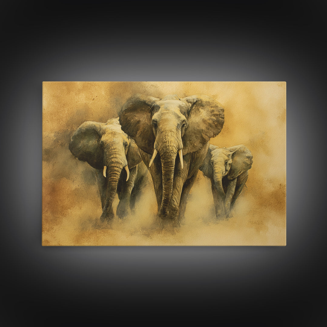 Elephant Family Walking Through Dusty Golden Light Canvas Print, Animal Art, Art Deco, Living Room Decor, Fine Art, Creature, ANI-3x2-42