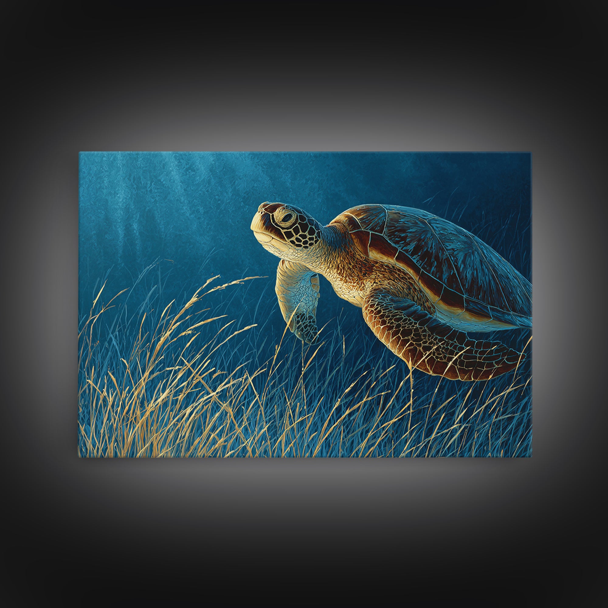 Sea Turtle Drifting Through Luminous Blue Water Framed Canvas Print, Animal Art, Original Art, Living Room Decor, Creature, ANI-3x2-46