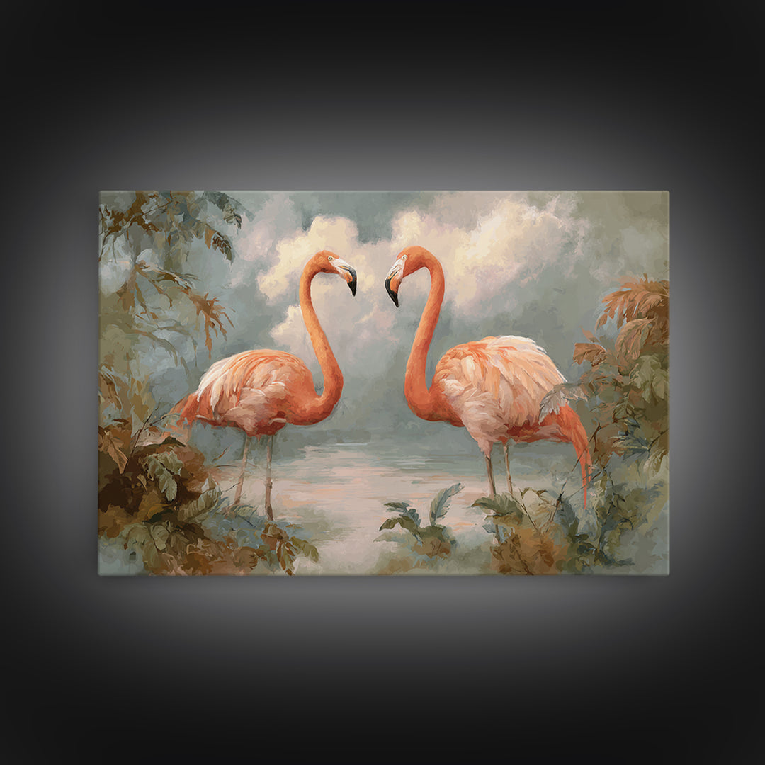 Flamingo Pair in Elegant Coral and Cream Framed Canvas Print, Animal Art, Room Decor, Living Room Decor, Oil Painting, Creature, ANI-3x2-47