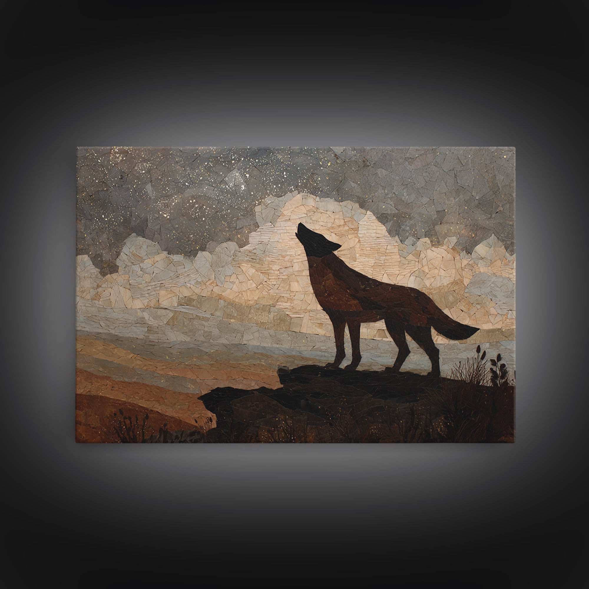 Wolf Silhouette Beneath a Star Filled Sky Framed Canvas Print, Animal Art, Nursery Wall Art, Living Room Decor, Oil Painting, ANI-3x2-50