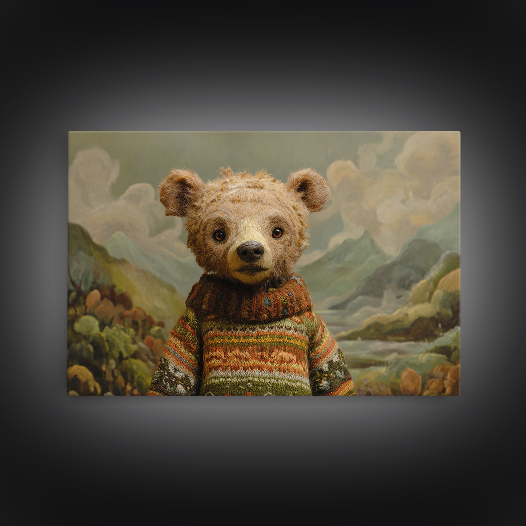 Whimsical Bear in a Patterned Sweater with Canvas Print, Animal Art, Digital Print, Living Room Decor, Fine Art, Creature, ANI-3x2-54
