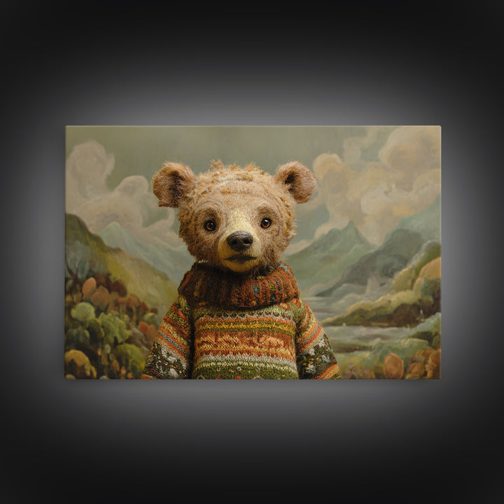 Whimsical Bear in a Patterned Sweater with Canvas Print, Animal Art, Digital Print, Living Room Decor, Fine Art, Creature, ANI-3x2-54