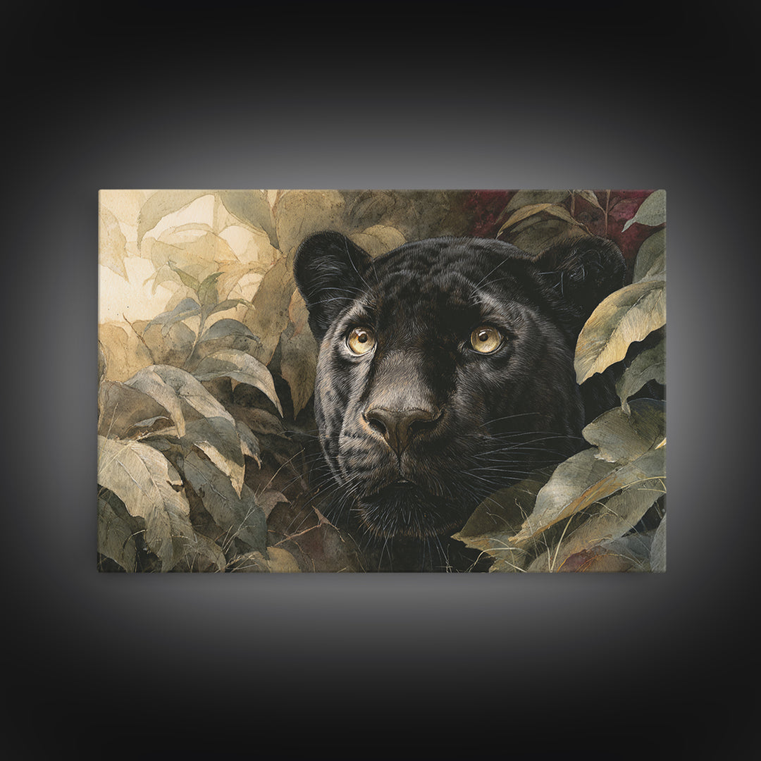 Dramatic Black Panther Emerging from Deep Jungle Canvas Print, Animal Art, Printable Art, Living Room Decor, Watercolor Art, ANI-3x2-58