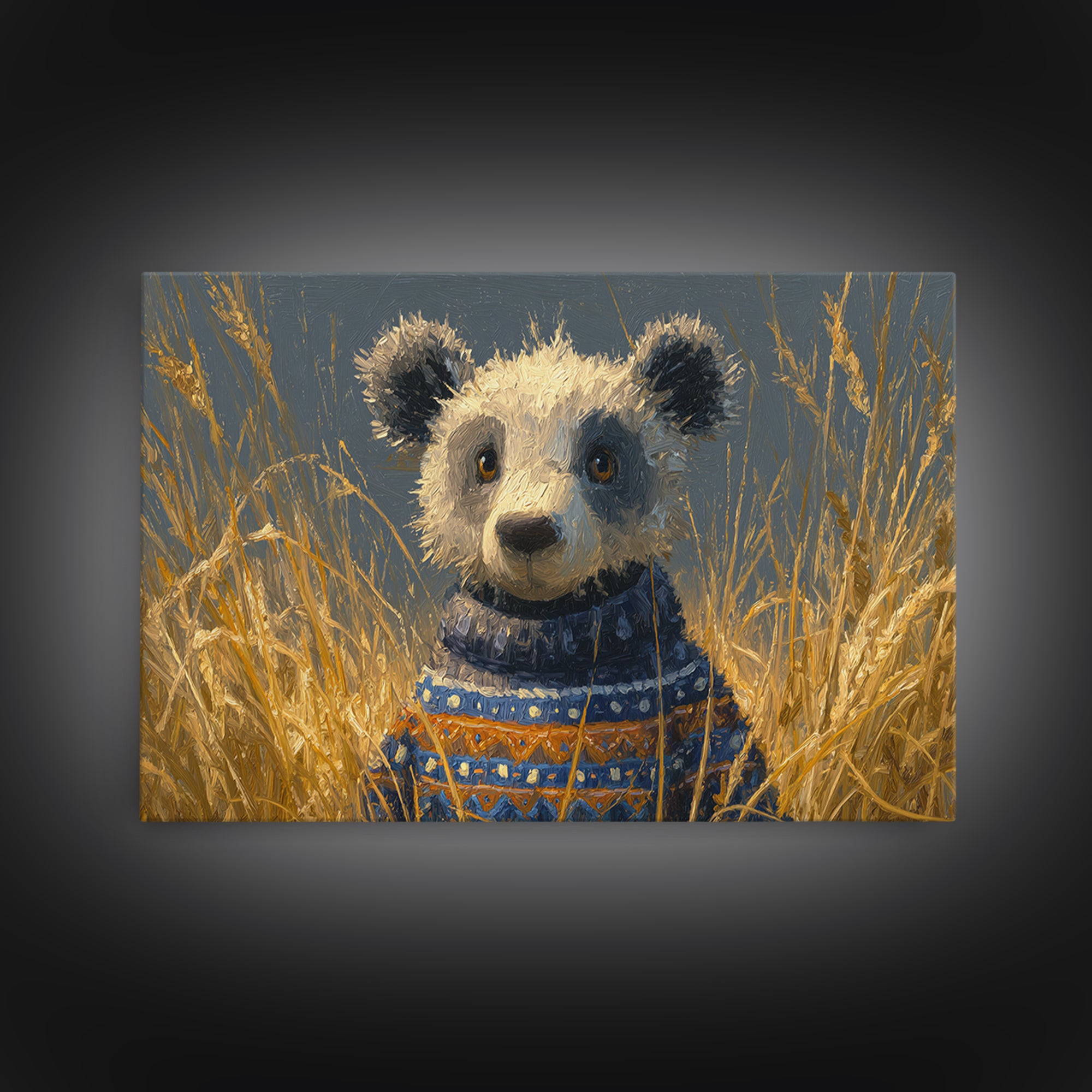 Whimsical Bear in a Patterned Sweater with Framed Canvas Print, Animal Art, Oil Painting, Living Room Decor, Fine Art, Creature, ANI-3x2-6