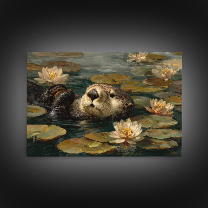 Playful Otter Floating Among Lily Pads Framed Canvas Print, Animal Art, Downloadable Art, Living Room Decor, Fine Art, Creature, ANI-3x2-60