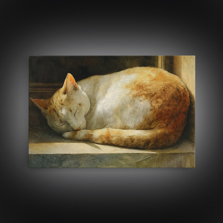 Sleeping Cat Curled Framed Canvas Print, Animal Art, Gallery Decor, Living Room Decor, Abstract Art, Creature, Contemporary Art, ANI-3x2-64