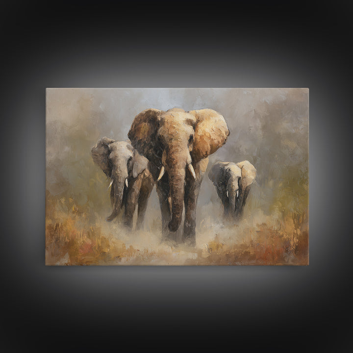 Elephant Family Walking Through Dusty Golden Light Canvas Print, Animal Art, Art Deco, Living Room Decor, Fine Art, Creature, ANI-3x2-66
