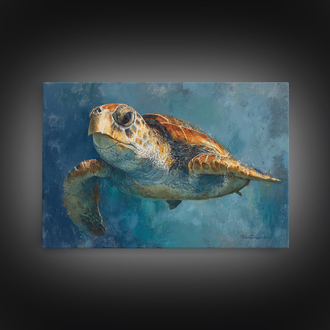 Sea Turtle Drifting Through Luminous Blue Water Framed Canvas Print, Animal Art, Original Art, Living Room Decor, Creature, ANI-3x2-70
