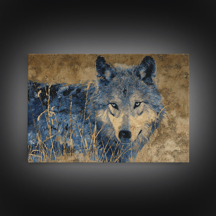 Wolf Silhouette Beneath a Star Filled Sky Framed Canvas Print, Animal Art, Nursery Wall Art, Living Room Decor, Oil Painting, ANI-3x2-74