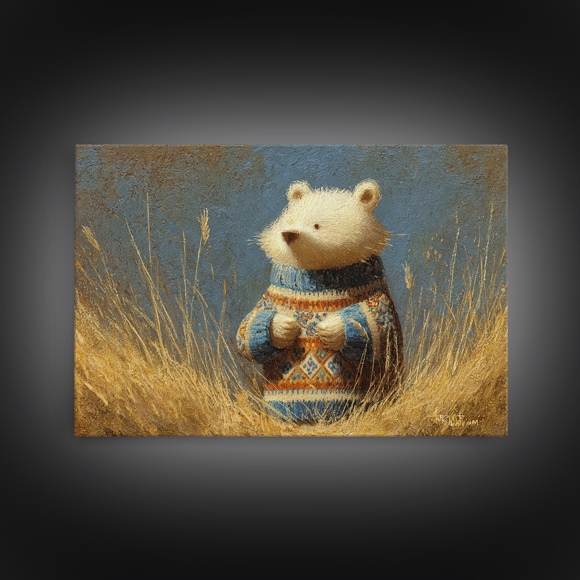 Whimsical Bear in a Patterned Sweater with Framed Canvas Print, Animal Art, Boho Wall Art, Living Room Decor, Creature, ANI-3x2-78
