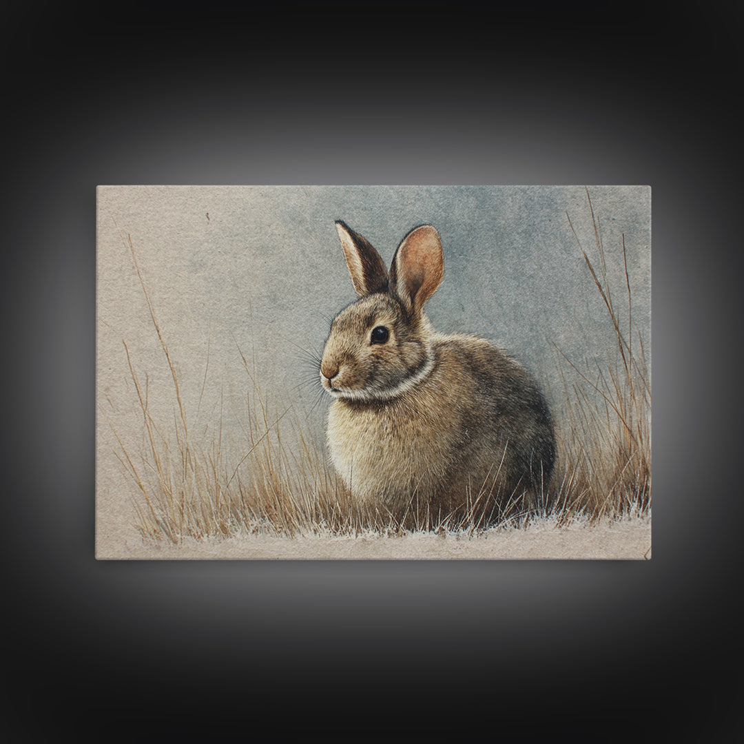 Curious Rabbit in a Soft Watercolor Meadow Framed Canvas Print, Animal Art, Cat Art, Living Room Decor, Fine Art, Creature, ANI-3x2-81
