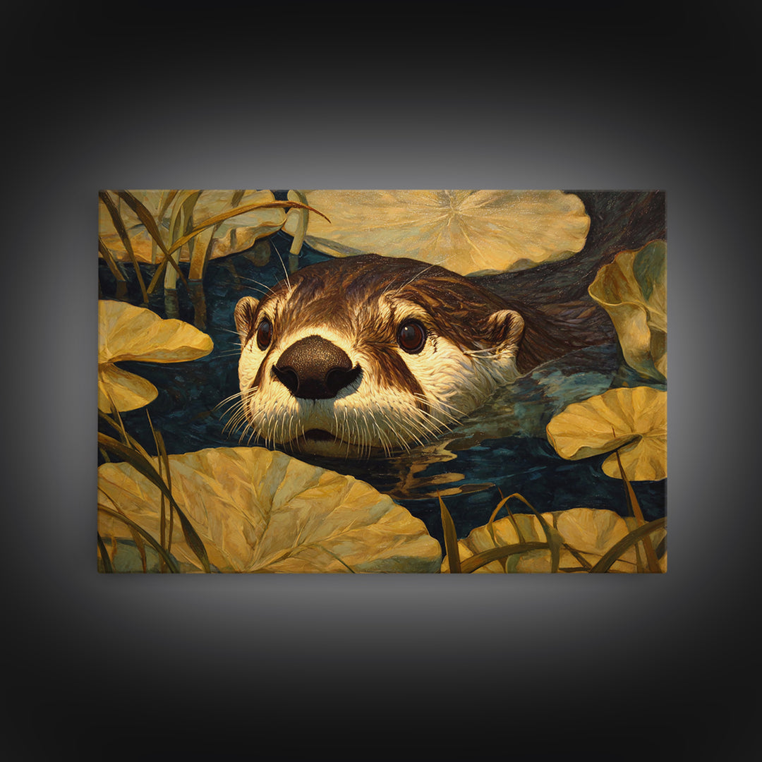 Playful Otter Floating Among Lily Pads Canvas Print, Animal Art, Boho Decor, Living Room Decor, Creature, Digital Prints, ANI-3x2-84