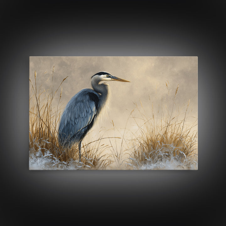 Blue Heron Standing Framed Canvas Print, Animal Art, Fine Art Print, Living Room Decor, Fine Art, Creature, Wall Decor, ANI-3x2-87