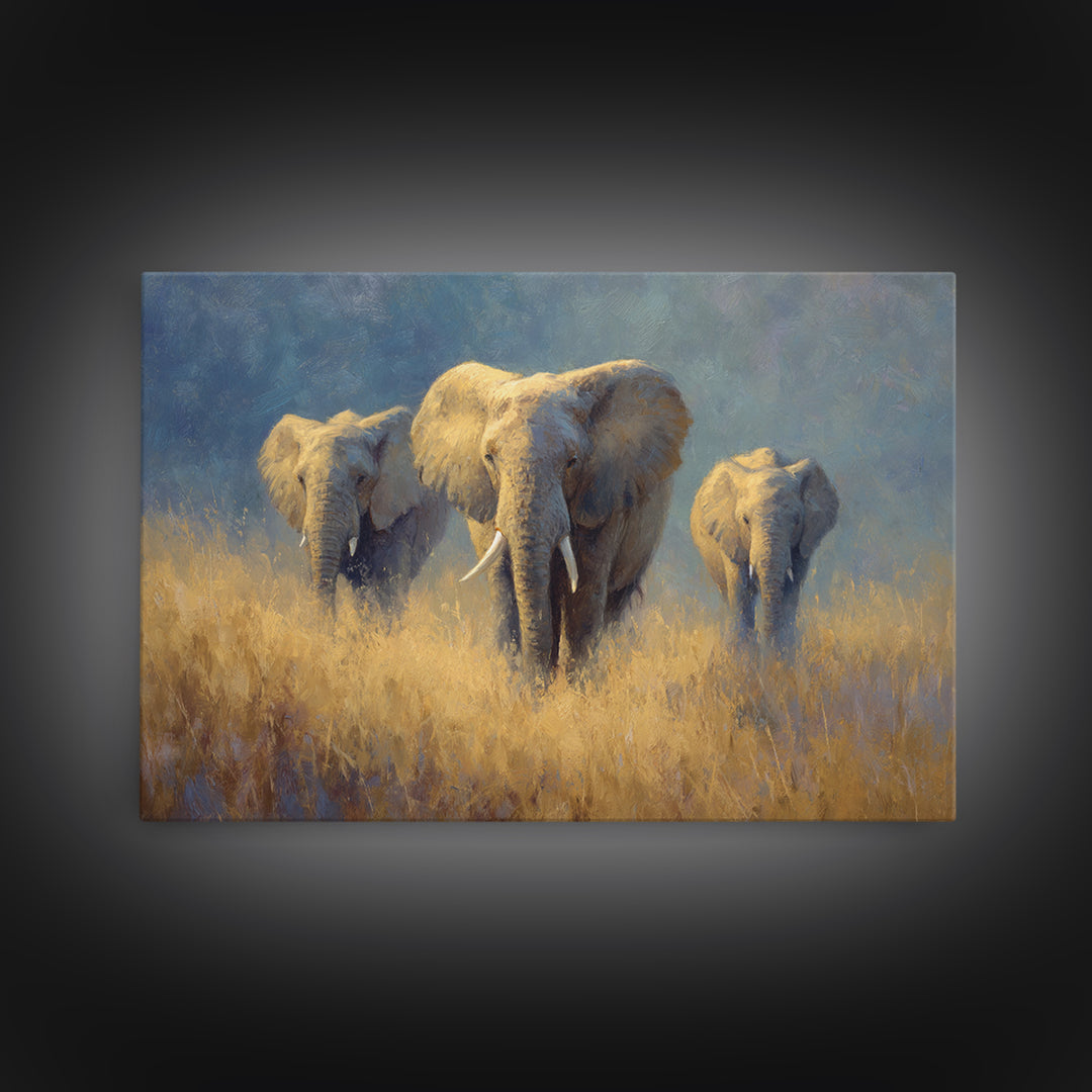 Elephant Family Walking Through Dusty Golden Light Canvas Print, Animal Art, Farmhouse Decor, Living Room Decor, Creature, ANI-3x2-90