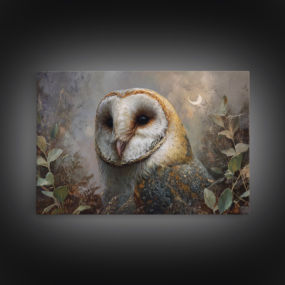 Owl with Moonlit Feathers and Celestial Accents Framed Canvas Print, Animal Art, Art, Living Room Decor, Oil Painting, Creature, ANI-3x2-91