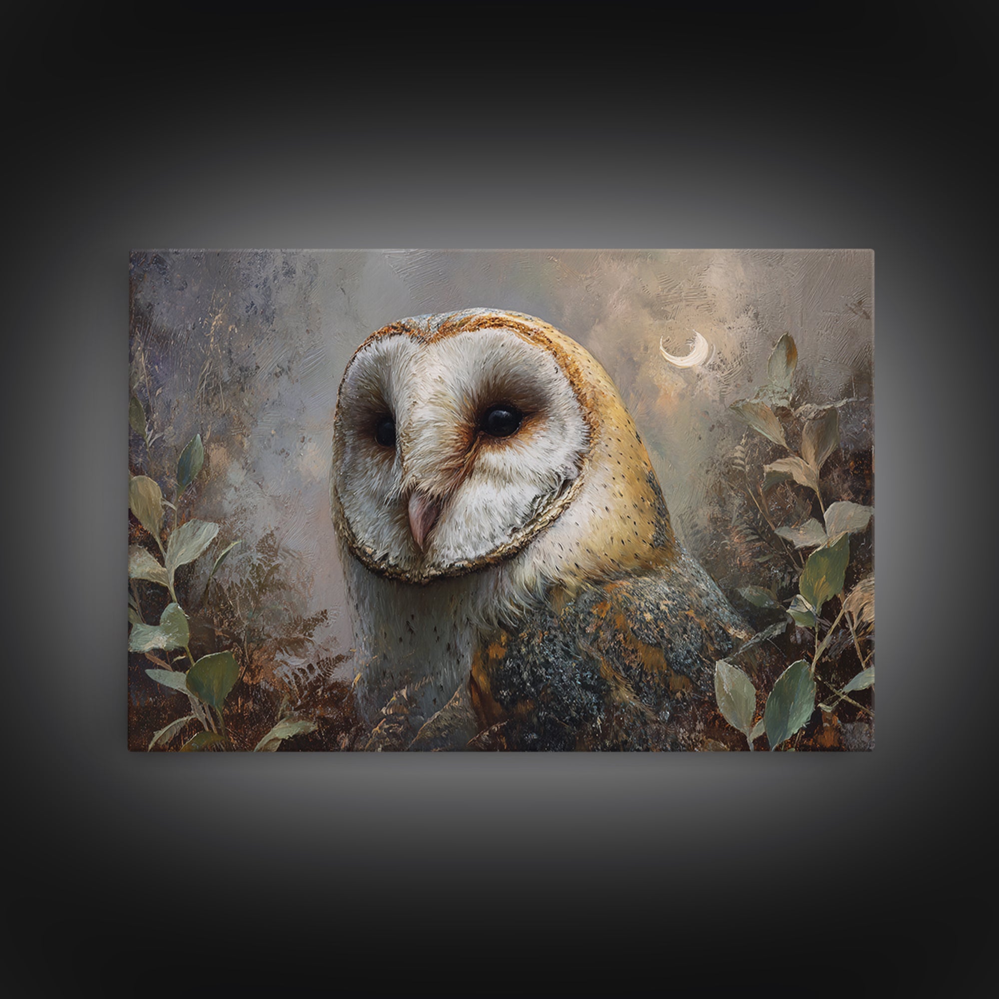 Owl with Moonlit Feathers and Celestial Accents Framed Canvas Print, Animal Art, Art, Living Room Decor, Oil Painting, Creature, ANI-3x2-91