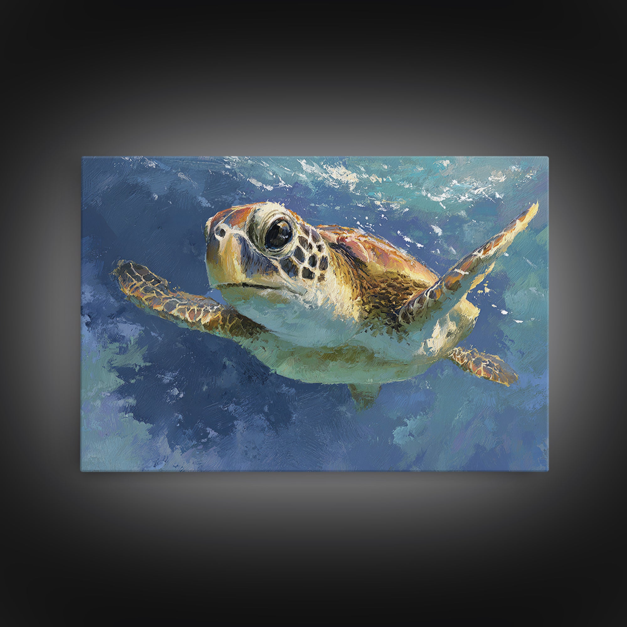Sea Turtle Drifting Through Luminous Blue Water Canvas Print, Animal Art, Nursery, Living Room Decor, Abstract Art, Creature, ANI-3x2-94