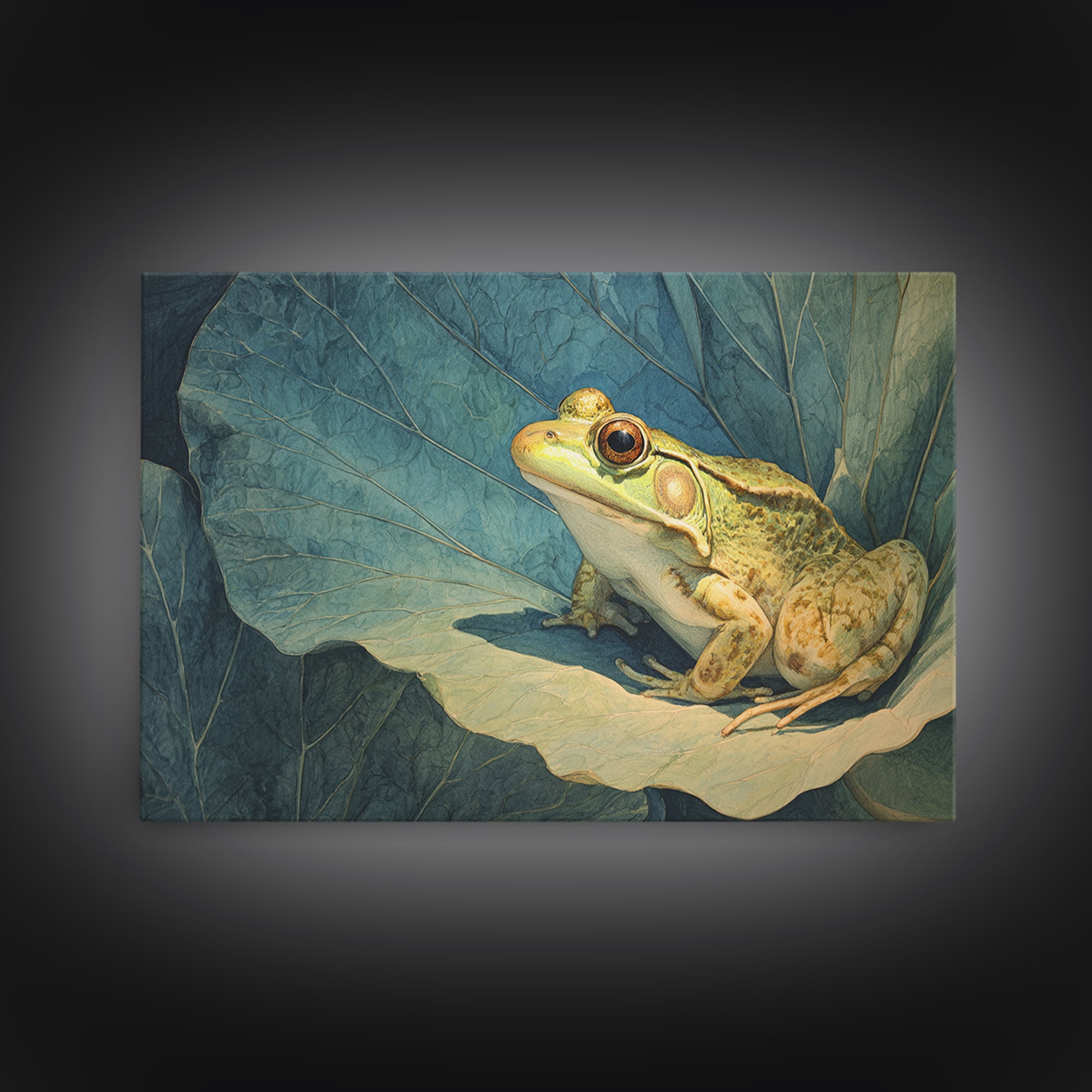 Frog on a Lotus Leaf Framed Canvas Print, Animal Art, Art Print, Living Room Decor, Watercolor Art, Creature, Digital Art, ANI-3x2-96