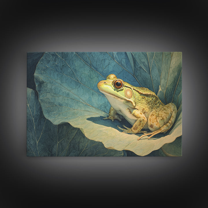 Frog on a Lotus Leaf Framed Canvas Print, Animal Art, Art Print, Living Room Decor, Watercolor Art, Creature, Digital Art, ANI-3x2-96