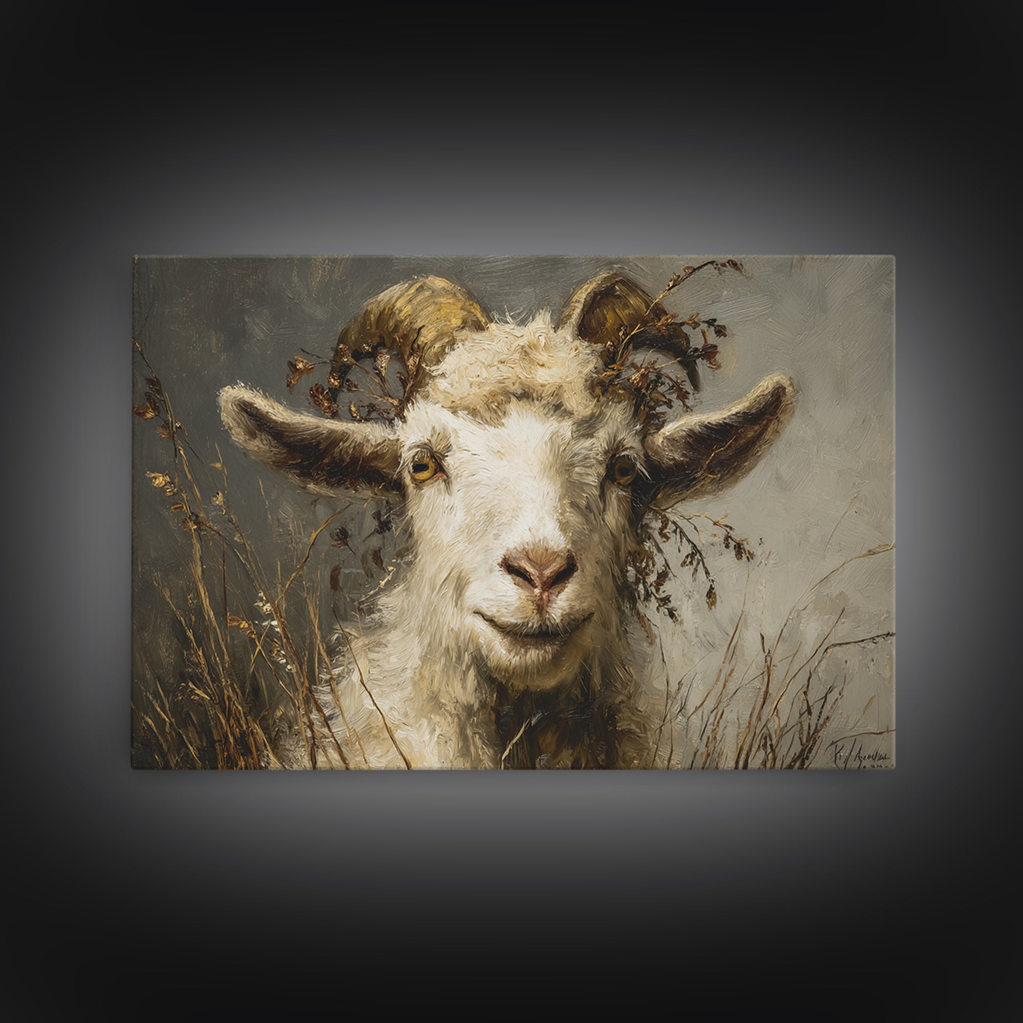 Goat Portrait with Rustic Folk Art Personality Framed Canvas Print, Animal Art, Downloadable Art, Living Room Decor, Creature, ANI-3x2-97