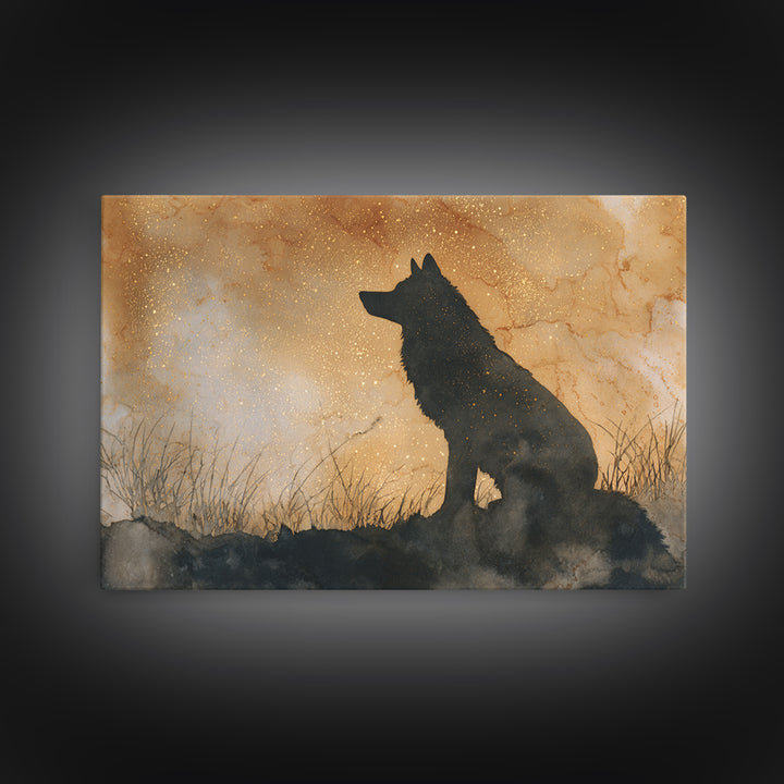 Wolf Silhouette Beneath a Star Filled Sky Canvas Print, Animal Art, Living Room Decor, Fine Art, Creature, Fine Art Print, ANI-3x2-98