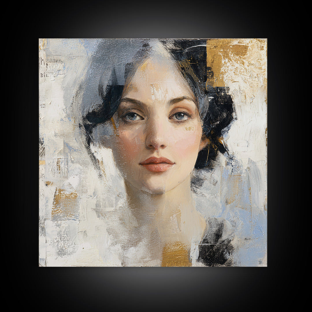 Expressive Portrait with Dramatic Light and Textured Framed Canvas Print, Art, Horizontal Wall Art, Living Room Decor, Fine Art, ART-1x1-100