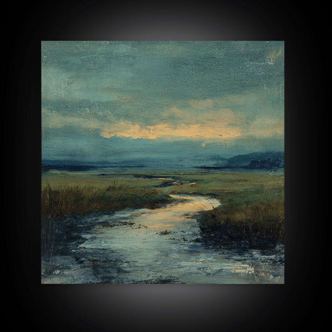 Classic Landscape with Winding River and Atmospheric Framed Canvas Print, Art, Art Nouveau, Living Room Decor, Oil Painting, ART-1x1-27